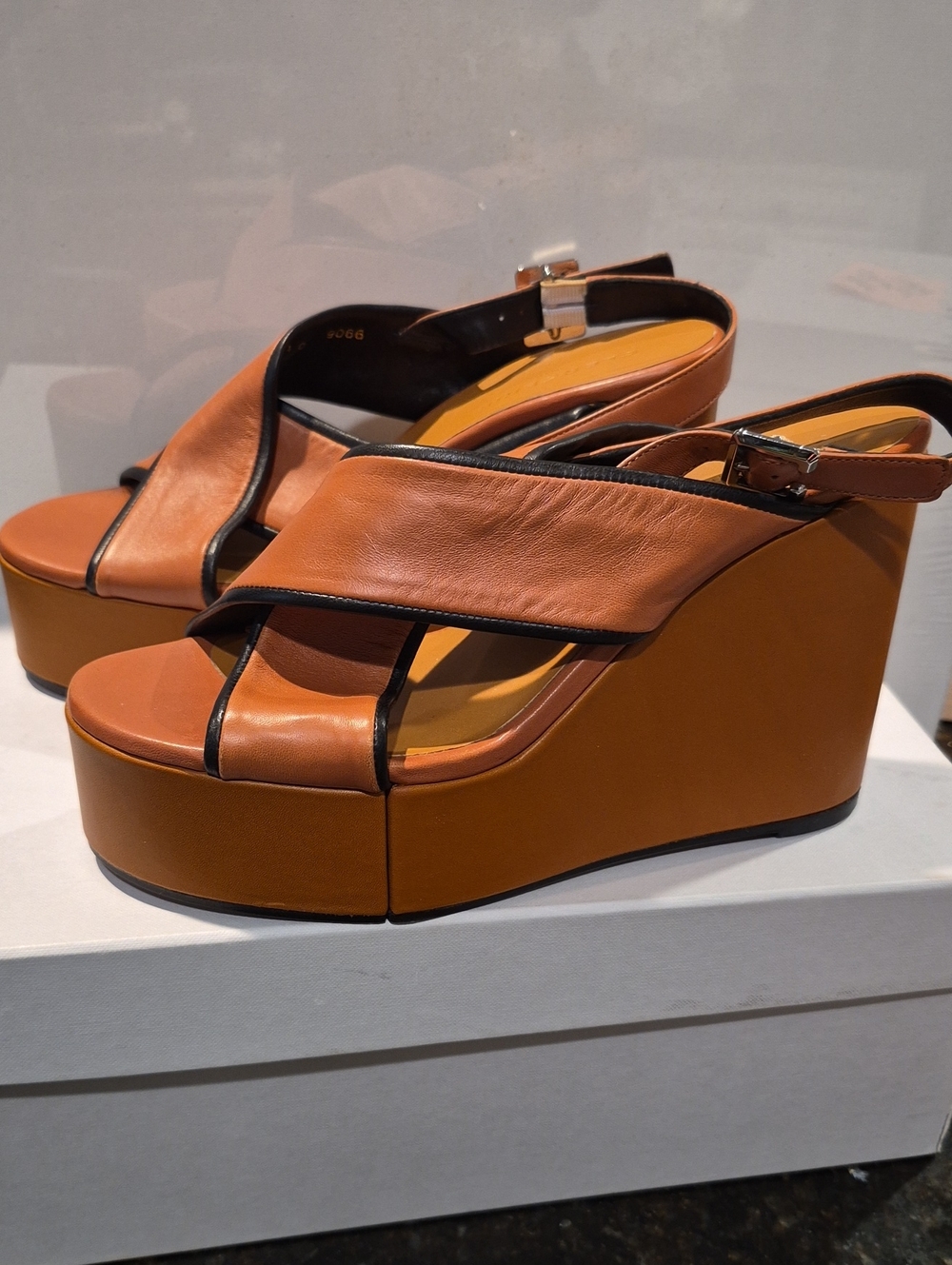 Robert Clergerie Cognac and Black Leather Platform Wedge Sandals